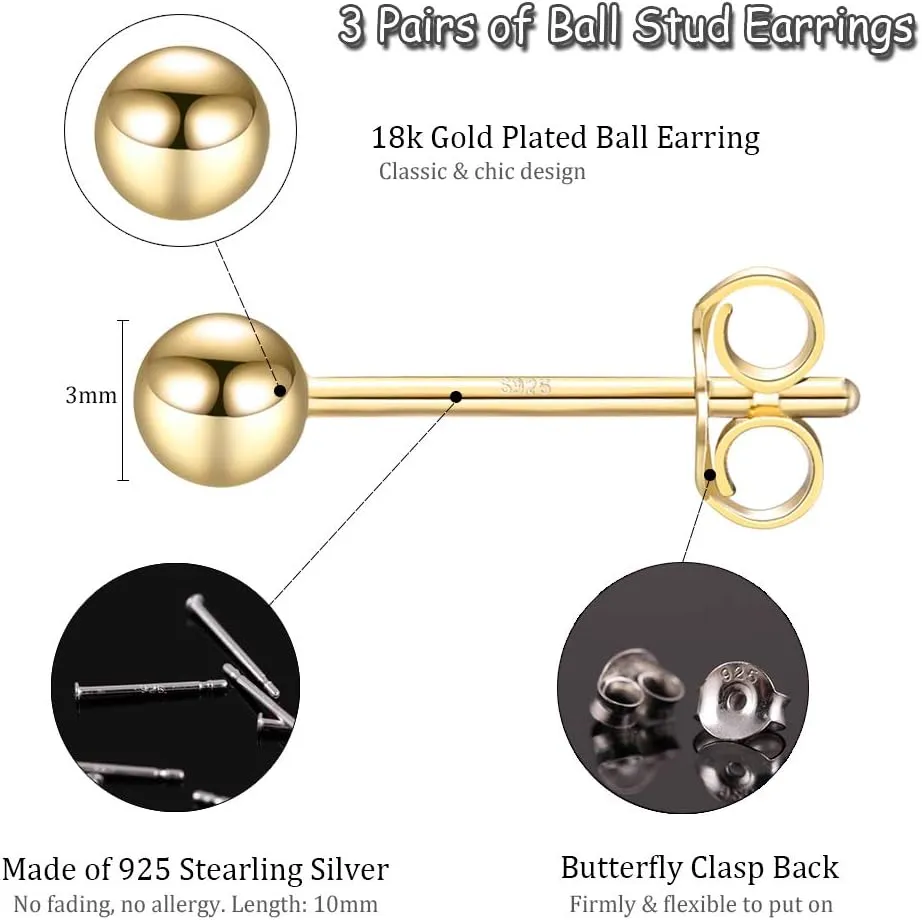 EPIRORA Sterling Silver Stud Earrings for Women Men- 3 Pairs 3mm Tiny Ball Stud Earrings Round CZ Earrings Pearl Earrings Set Cartilage Small Tragus Earrings