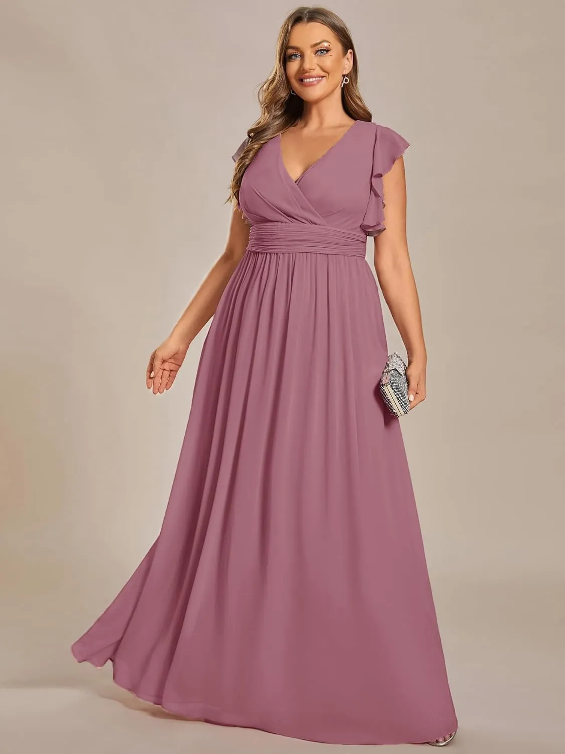 Ever-Pretty Plus Women's Summer Chiffon Ruffles Sleeve Pleated Back Cutout Plus Size Bridesmaid Dresses Formal Gowns