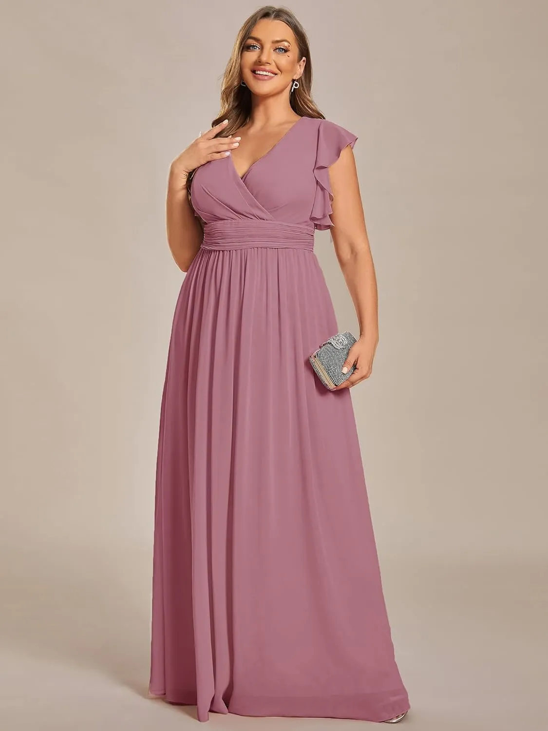 Ever-Pretty Plus Women's Summer Chiffon Ruffles Sleeve Pleated Back Cutout Plus Size Bridesmaid Dresses Formal Gowns