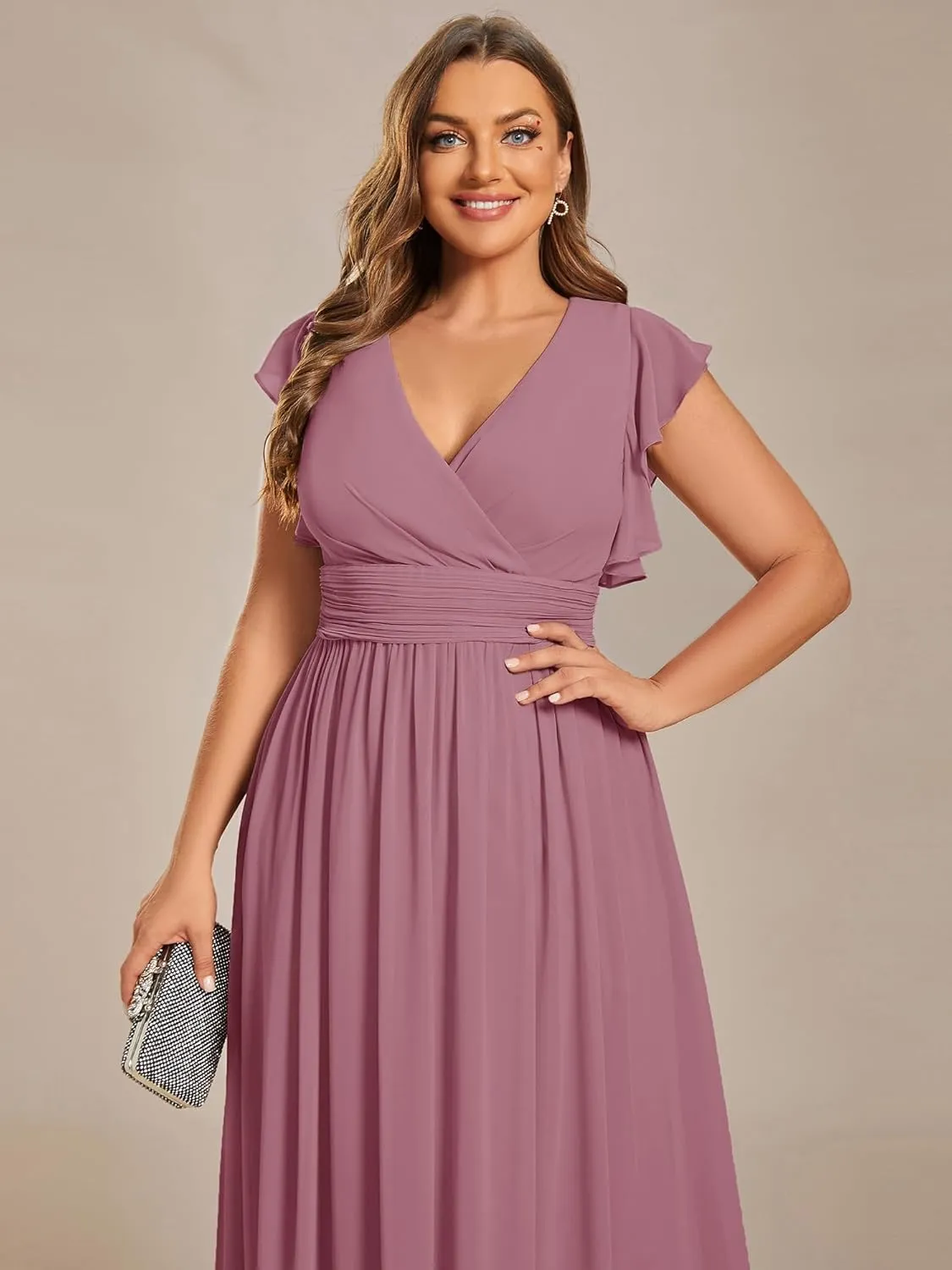 Ever-Pretty Plus Women's Summer Chiffon Ruffles Sleeve Pleated Back Cutout Plus Size Bridesmaid Dresses Formal Gowns