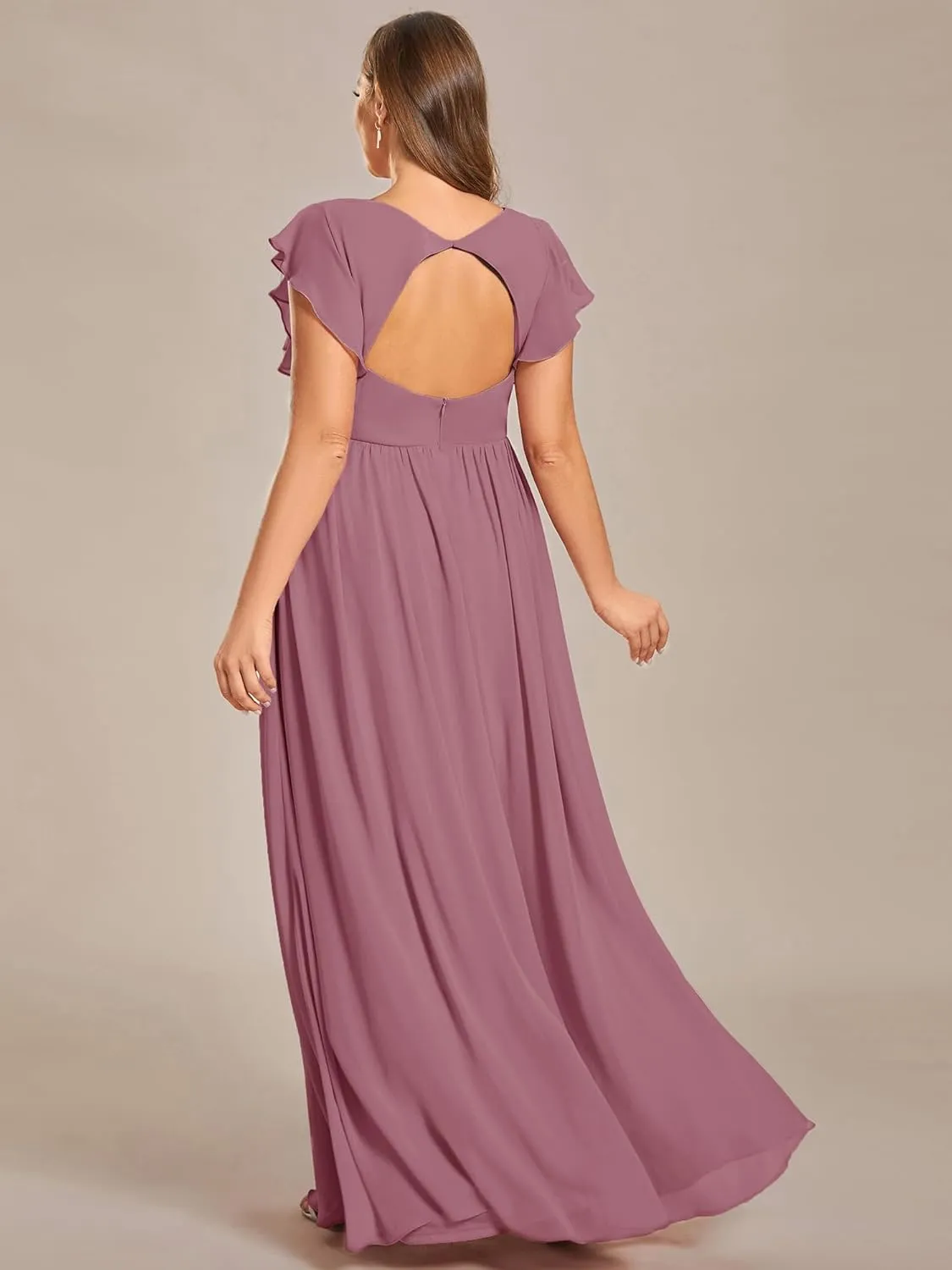 Ever-Pretty Plus Women's Summer Chiffon Ruffles Sleeve Pleated Back Cutout Plus Size Bridesmaid Dresses Formal Gowns