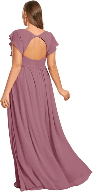 Ever-Pretty Plus Women's Summer Chiffon Ruffles Sleeve Pleated Back Cutout Plus Size Bridesmaid Dresses Formal Gowns