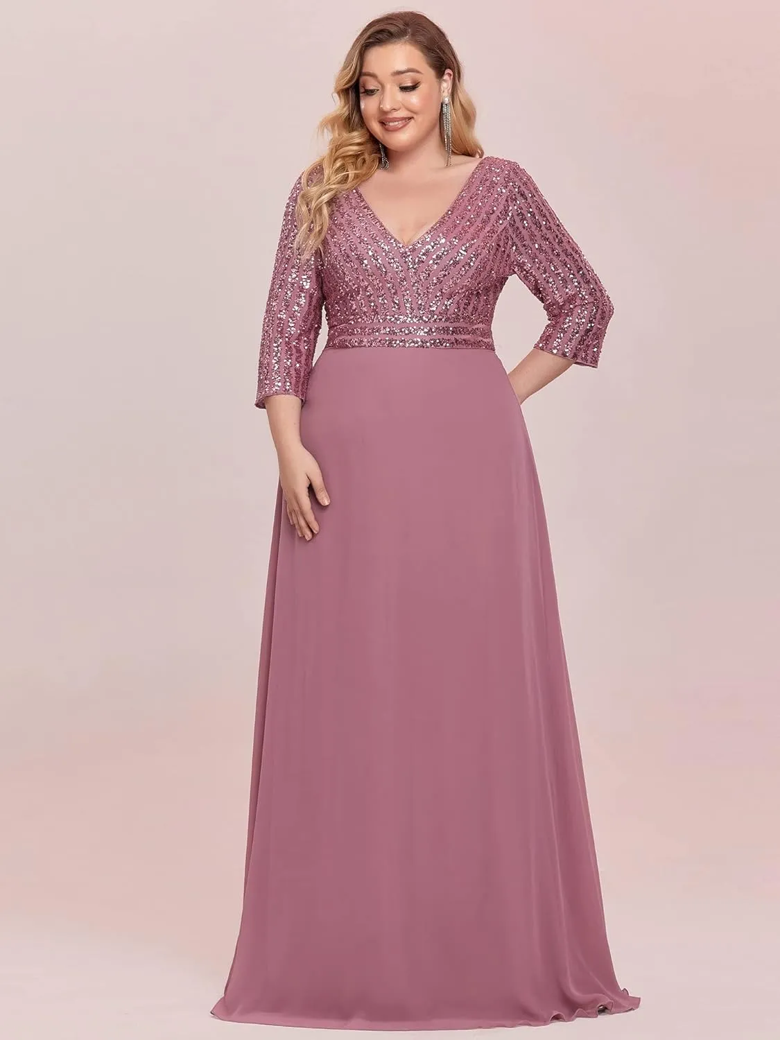 Ever-Pretty Women's Plus Size V-Neck Sparkle Sequins Chiffon 3/4 Sleevess Formal Dresses 0751-PZ