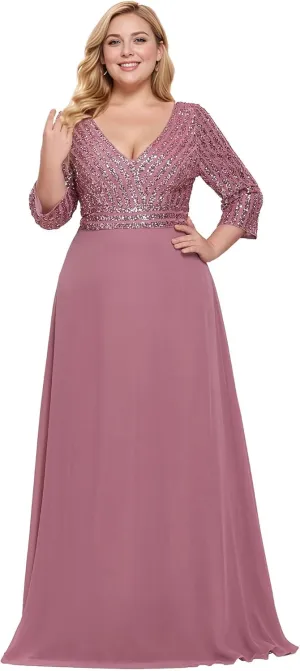 Ever-Pretty Women's Plus Size V-Neck Sparkle Sequins Chiffon 3/4 Sleevess Formal Dresses 0751-PZ