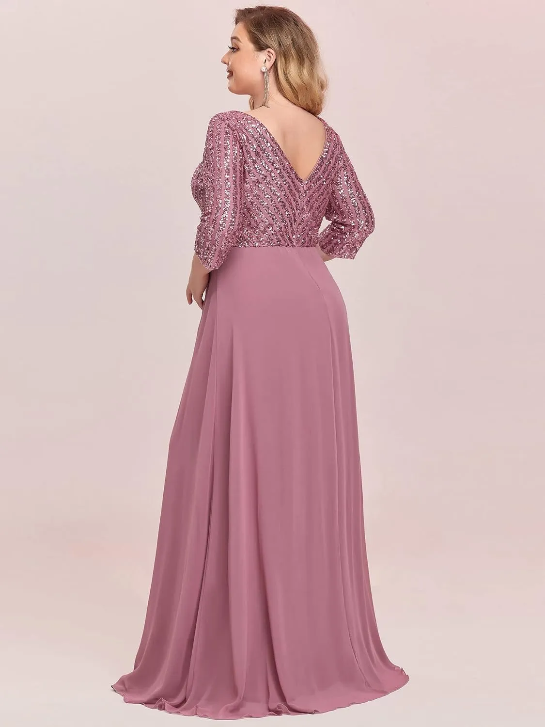 Ever-Pretty Women's Plus Size V-Neck Sparkle Sequins Chiffon 3/4 Sleevess Formal Dresses 0751-PZ