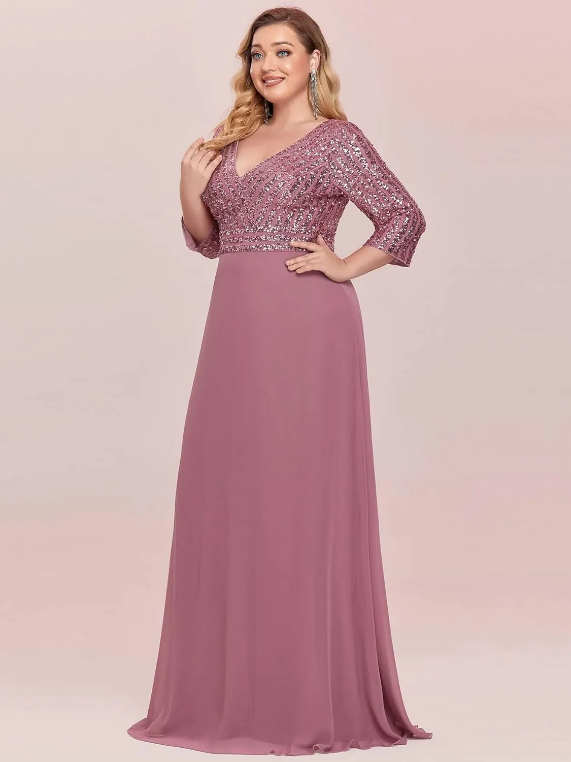 Ever-Pretty Women's Plus Size V-Neck Sparkle Sequins Chiffon 3/4 Sleevess Formal Dresses 0751-PZ