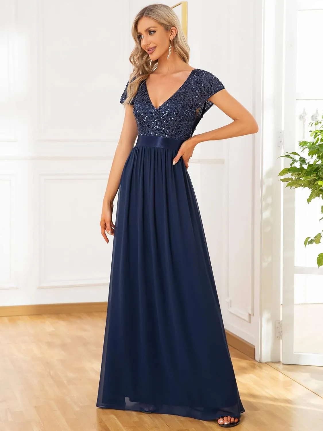 Ever-Pretty Women's Sequin V-Neck line Short Sleeves Empire Waist Maxi Evening Dress Formal Dress 0150 Custom US