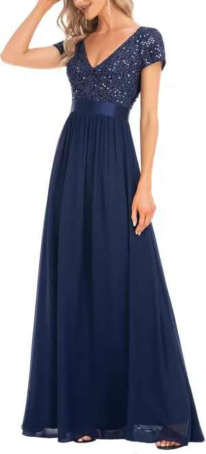 Ever-Pretty Women's Sequin V-Neck line Short Sleeves Empire Waist Maxi Evening Dress Formal Dress 0150 Custom US