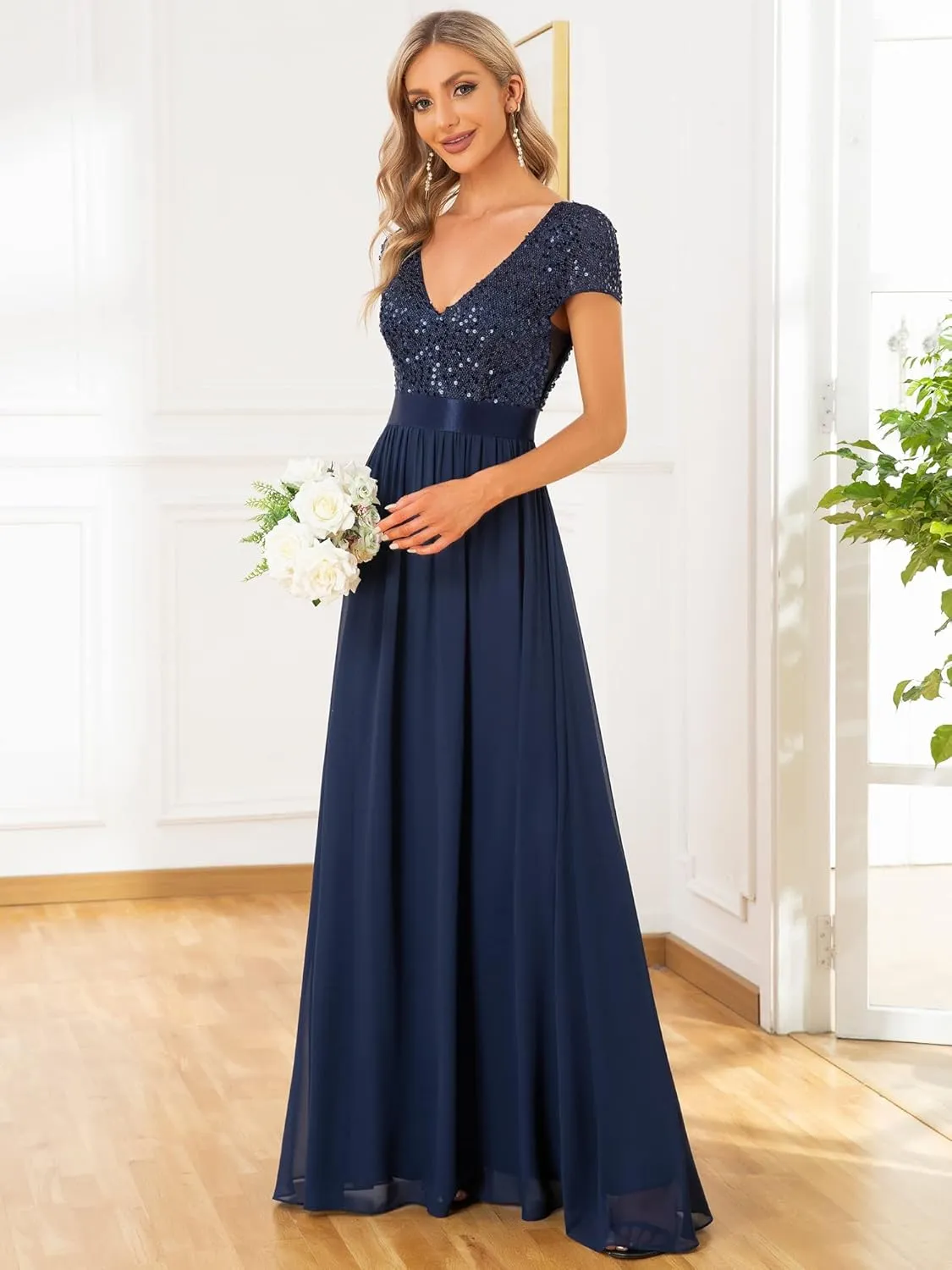 Ever-Pretty Women's Sequin V-Neck line Short Sleeves Empire Waist Maxi Evening Dress Formal Dress 0150 Custom US