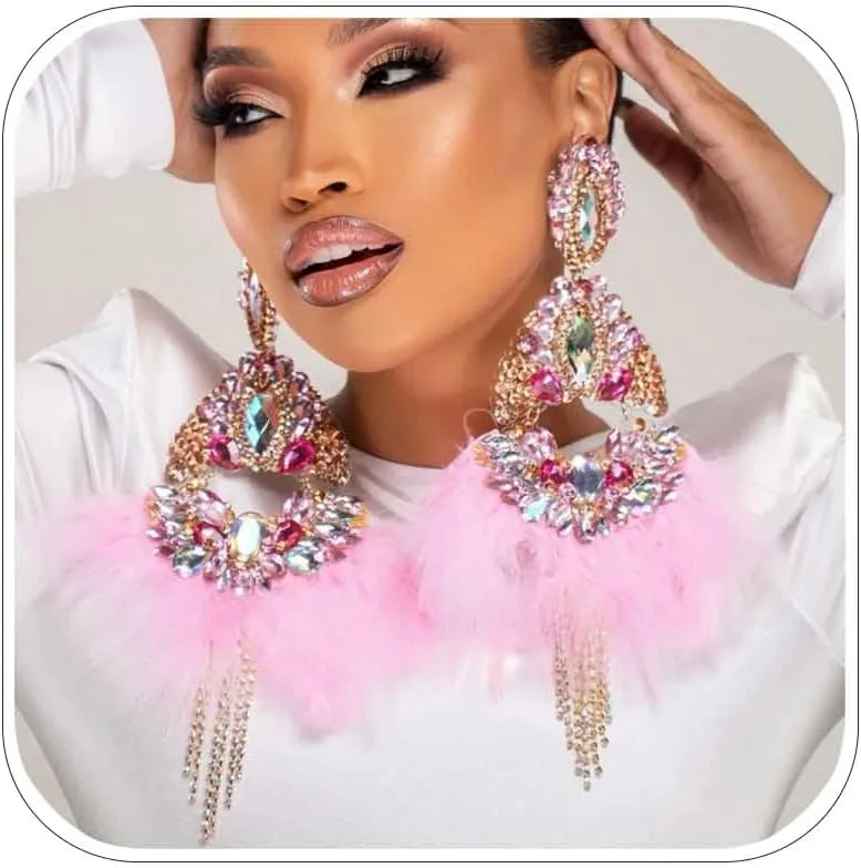 Extra Large Drag Queen Earrings Costume Jewelry Rhinestone Feather Statement Earrings for Women Prom