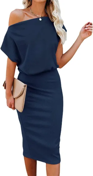 Ezbelle Women's 2025 Summer Dress Off The Shoulder Short Sleeve Ribbed Casual Party Bodycon Midi Dresses