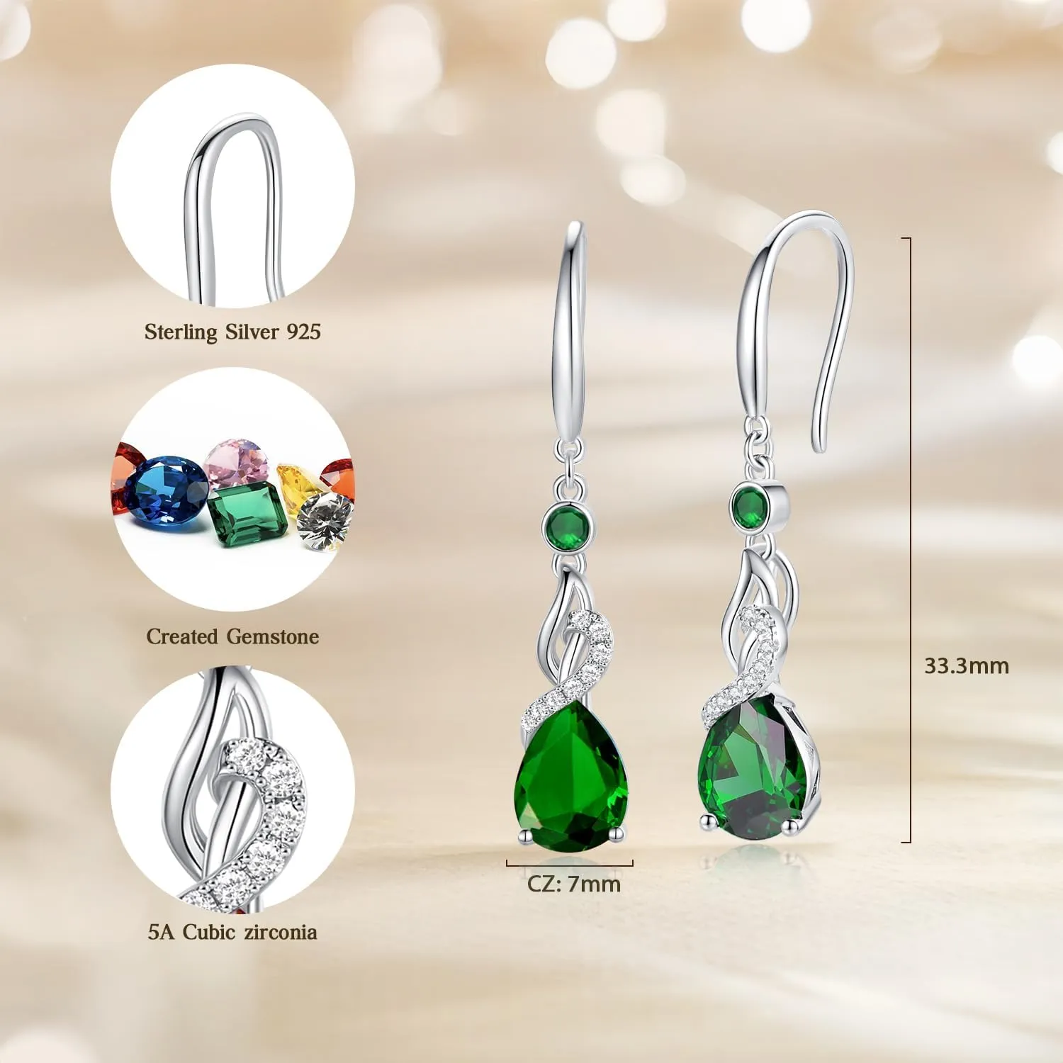 FANCIME Teardrop Dangle Drop Earrings 925 Sterling Silver Pear Gemstone Birthstone Earring Fine Jewelry Birthday Gifts for Women
