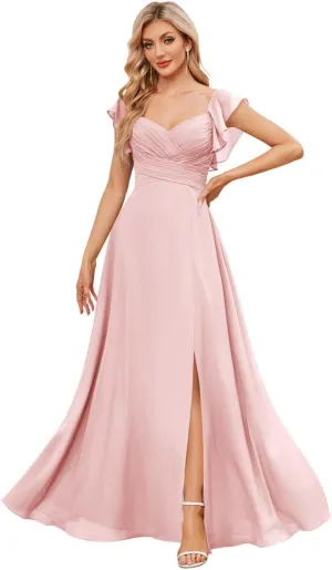 Fancy Bridesmaid Dresses for Women V Neck Ruffled Sleeve A Line Chiffon Long Prom Dress Formal Gown with Slit