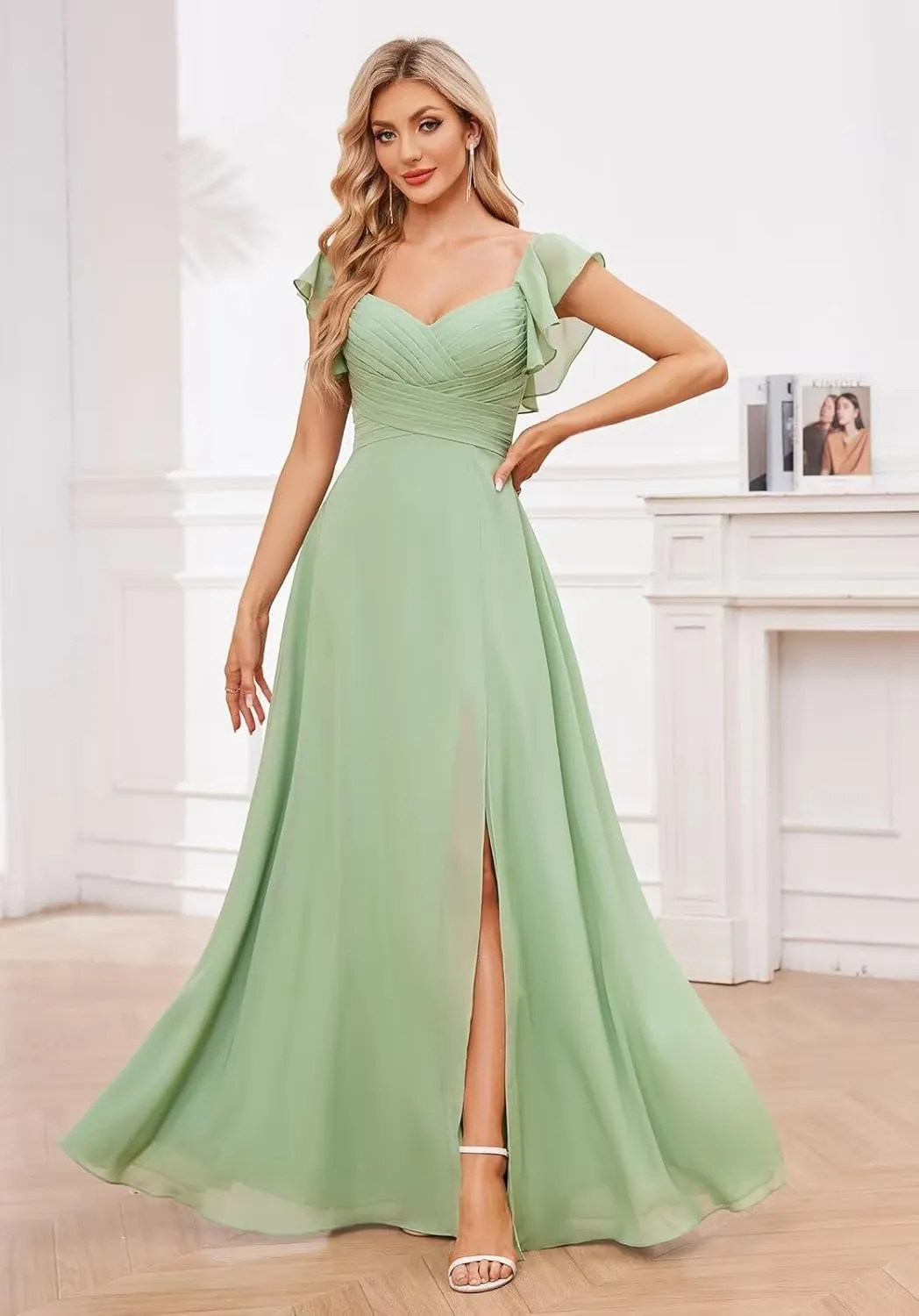 Fancy Bridesmaid Dresses for Women V Neck Ruffled Sleeve A Line Chiffon Long Prom Dress Formal Gown with Slit