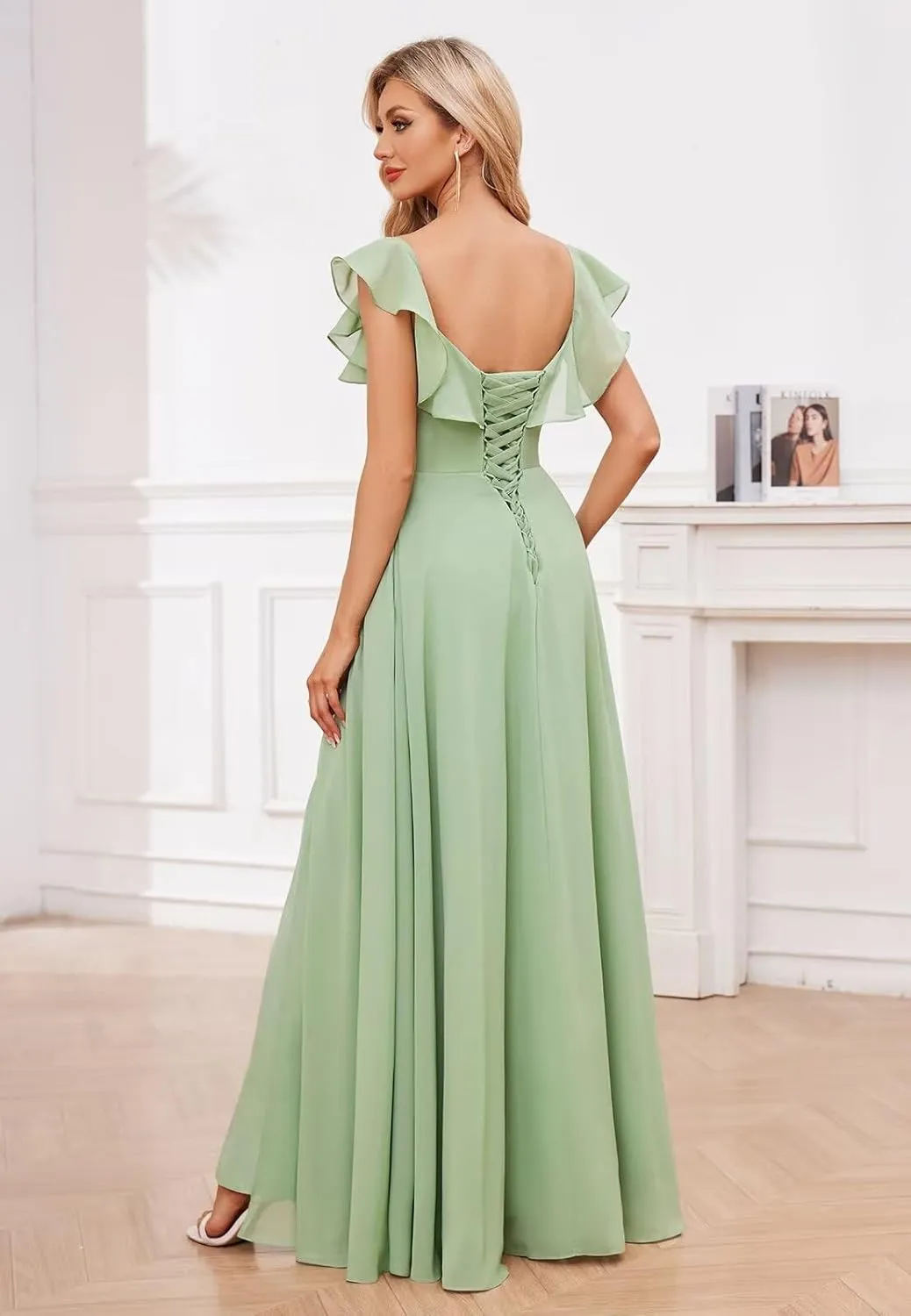 Fancy Bridesmaid Dresses for Women V Neck Ruffled Sleeve A Line Chiffon Long Prom Dress Formal Gown with Slit