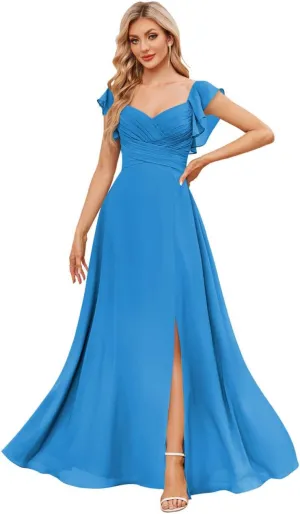 Fancy Bridesmaid Dresses for Women V Neck Ruffled Sleeve A Line Chiffon Long Prom Dress Formal Gown with Slit