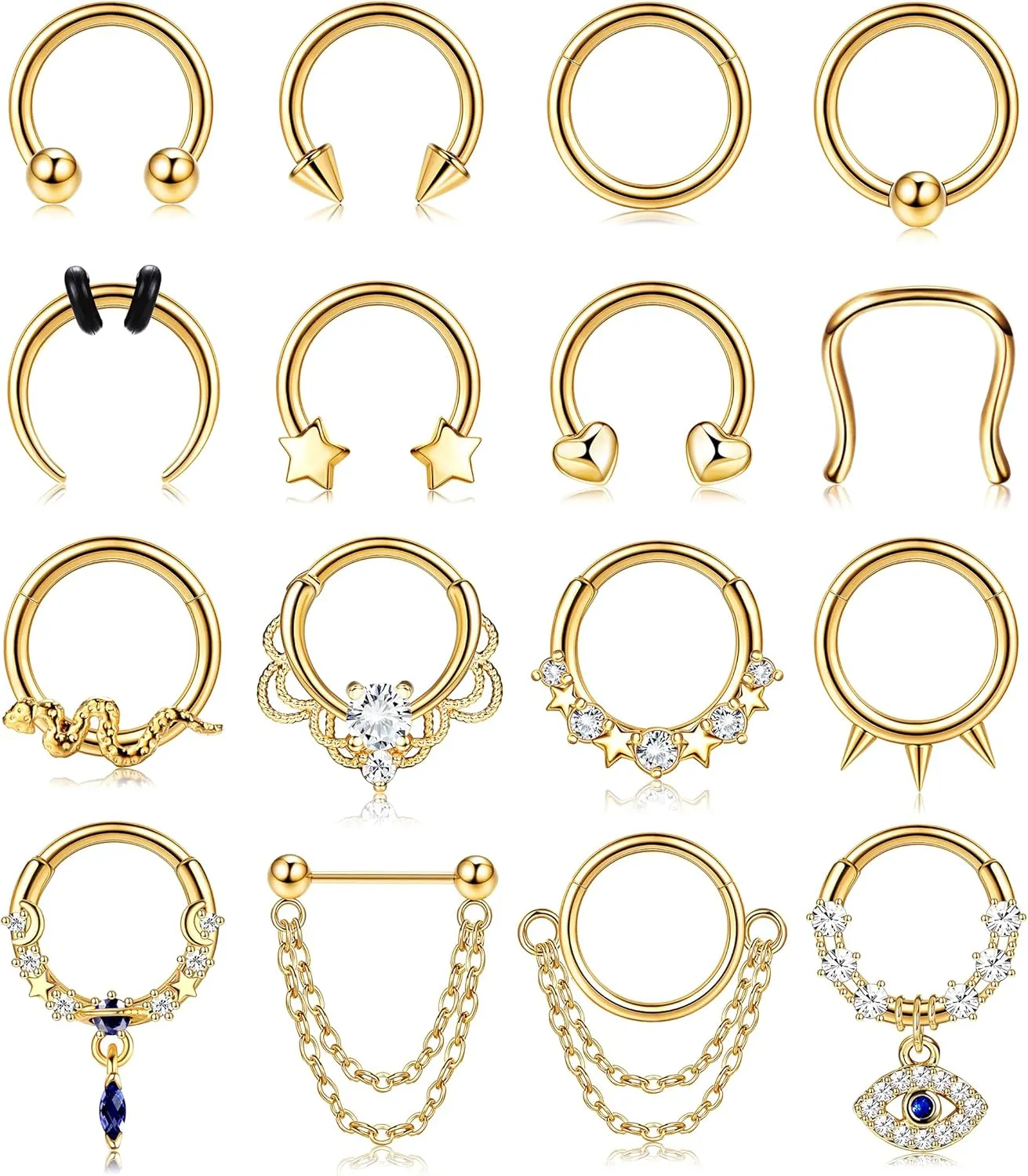 Fansilver 16 PCS 16 G Septum Rings for Women Men Gold Septum Jewelry Horseshoe Clicker Septum Rings Surgical Steel Helix Cartilage Hoop Earrings Daith Tragus Septum Nose Piercing Jewelry 8MM
