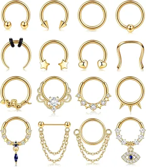 Fansilver 16 PCS 16 G Septum Rings for Women Men Gold Septum Jewelry Horseshoe Clicker Septum Rings Surgical Steel Helix Cartilage Hoop Earrings Daith Tragus Septum Nose Piercing Jewelry 8MM