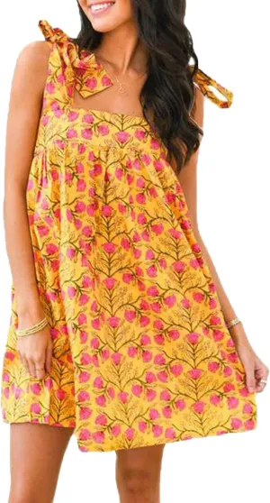 Faretumiya Women Bow Tie Shoulder Mini Dress Y2K Floral Striped Babydoll Short Dress Boho Print Flowy Sundress Going Out