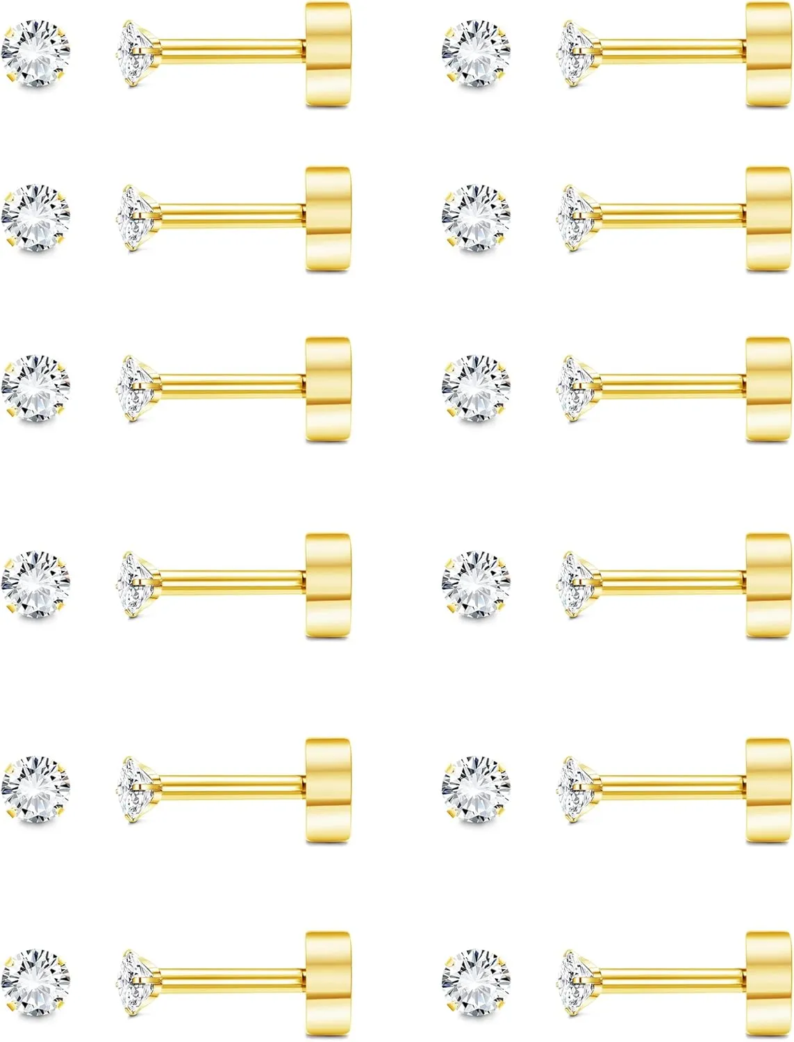 FASACCO 12 Pairs 14K Flat Back Earrings 20G Cartilage Earring Stud Tiny 2MM 3MM 4MM Flat Back Stud Earrings