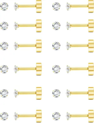 FASACCO 12 Pairs 14K Flat Back Earrings 20G Cartilage Earring Stud Tiny 2MM 3MM 4MM Flat Back Stud Earrings