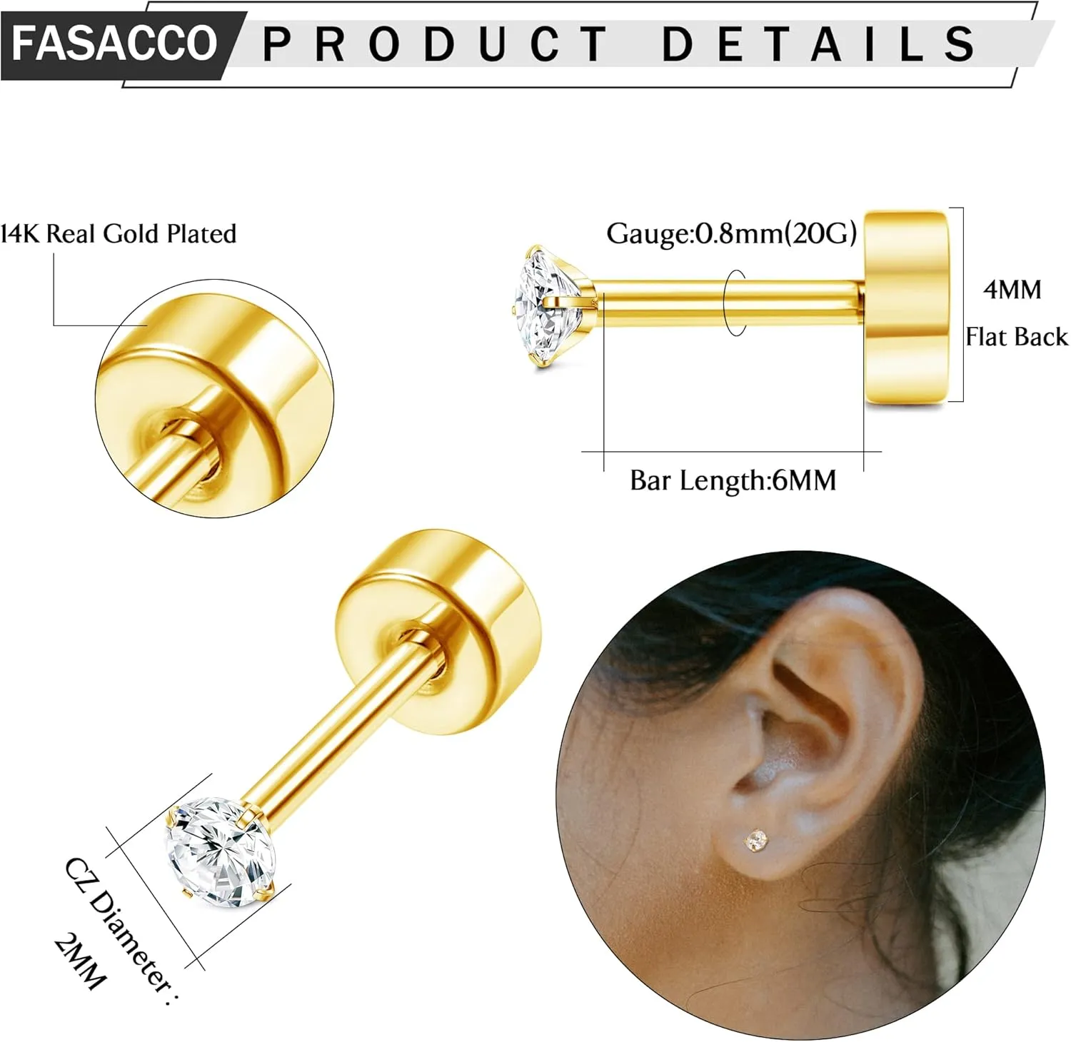 FASACCO 12 Pairs 14K Flat Back Earrings 20G Cartilage Earring Stud Tiny 2MM 3MM 4MM Flat Back Stud Earrings