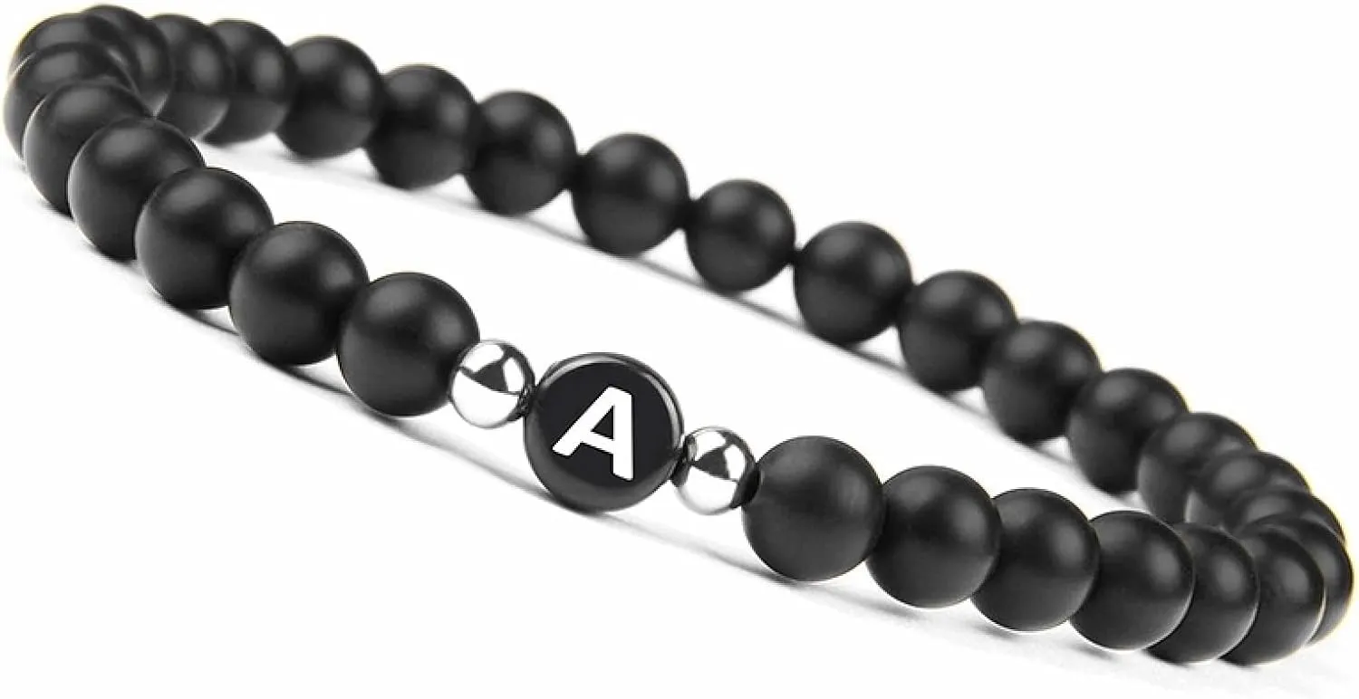 Fashion Bracelets for Women, Agate Stone Bracelet Black Agate Elastic Beads with Letter A Metal Nature Stone for Men Valentines Day Jewelry