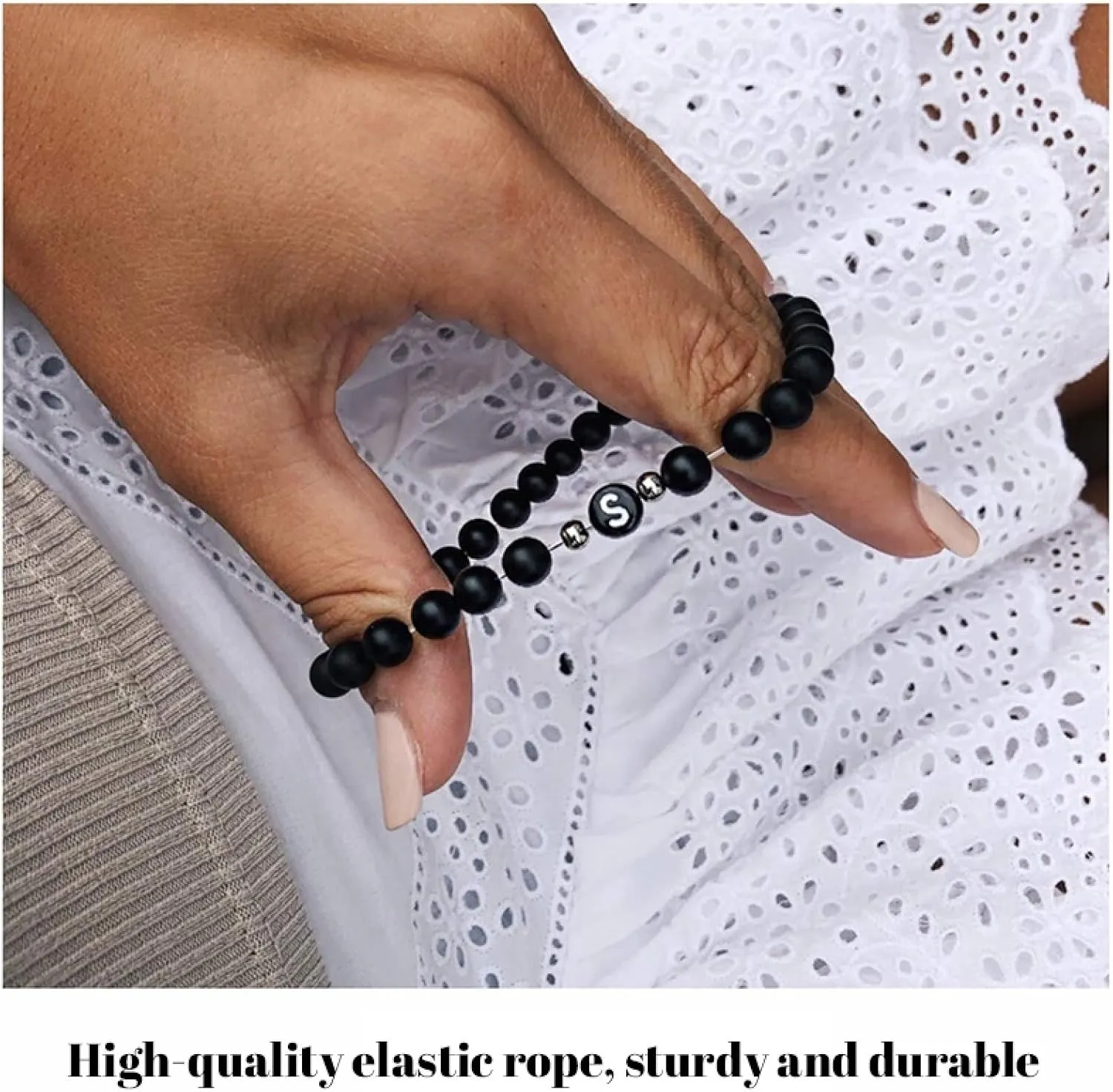 Fashion Bracelets for Women, Agate Stone Bracelet Black Agate Elastic Beads with Letter A Metal Nature Stone for Men Valentines Day Jewelry