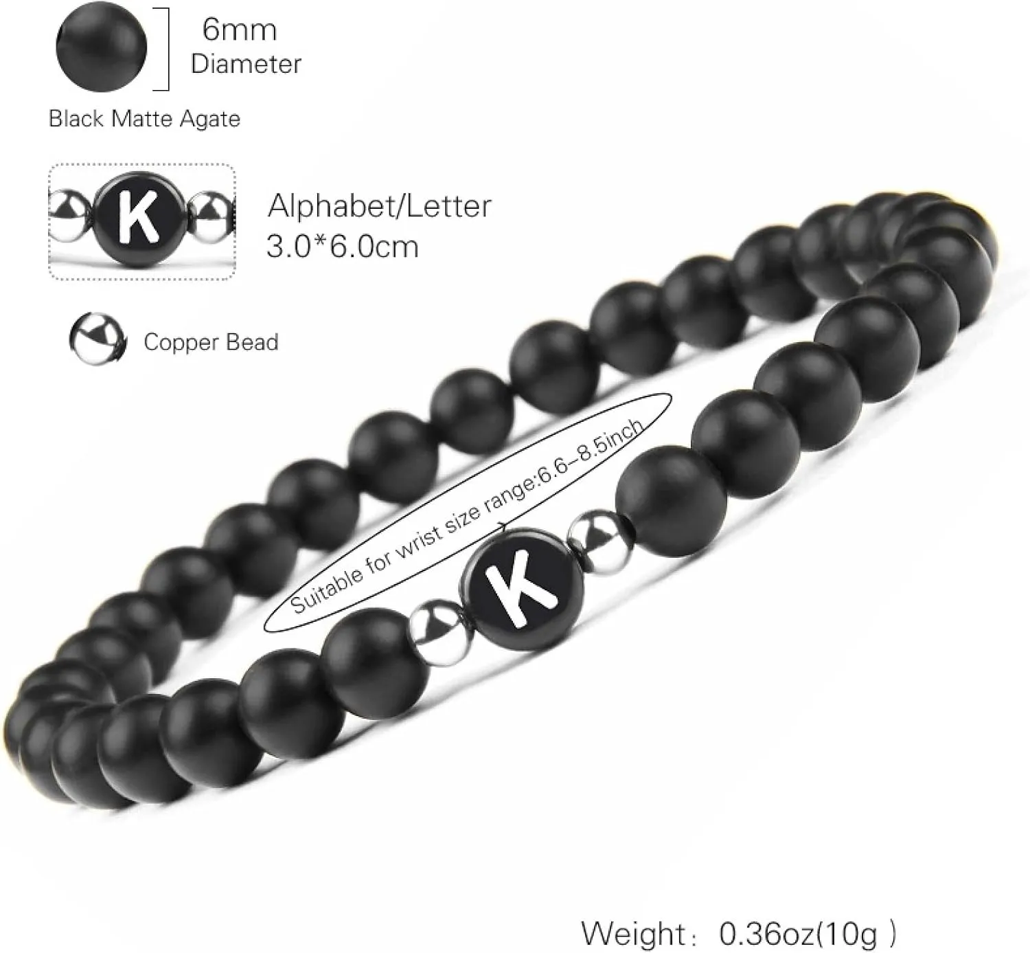 Fashion Bracelets for Women, Agate Stone Bracelet Black Agate Elastic Beads with Letter A Metal Nature Stone for Men Valentines Day Jewelry