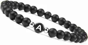 Fashion Bracelets for Women, Agate Stone Bracelet Black Agate Elastic Beads with Letter A Metal Nature Stone for Men Valentines Day Jewelry