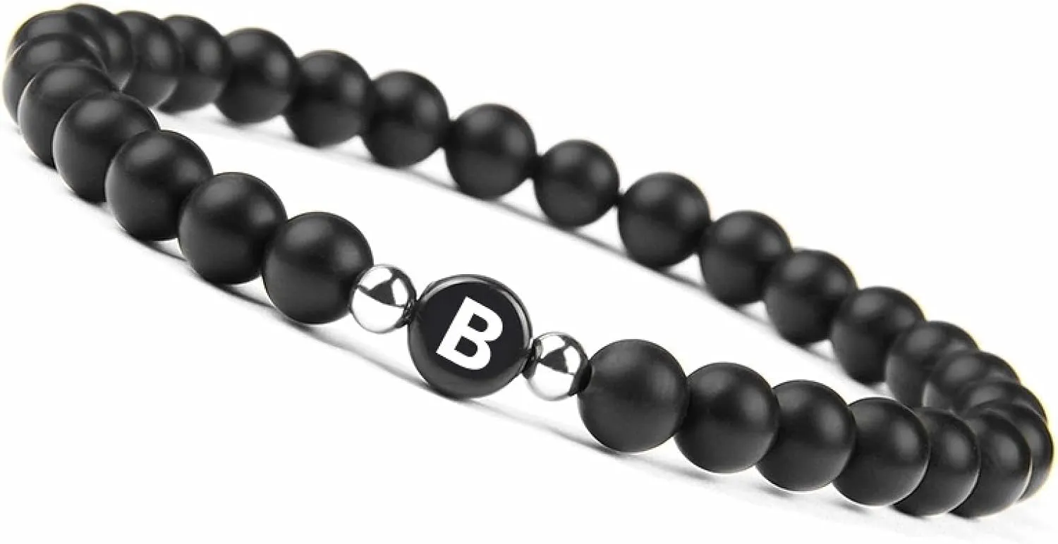 Fashion Bracelets for Women, Agate Stone Bracelet Black Agate Elastic Beads with Letter A Metal Nature Stone for Men Valentines Day Jewelry