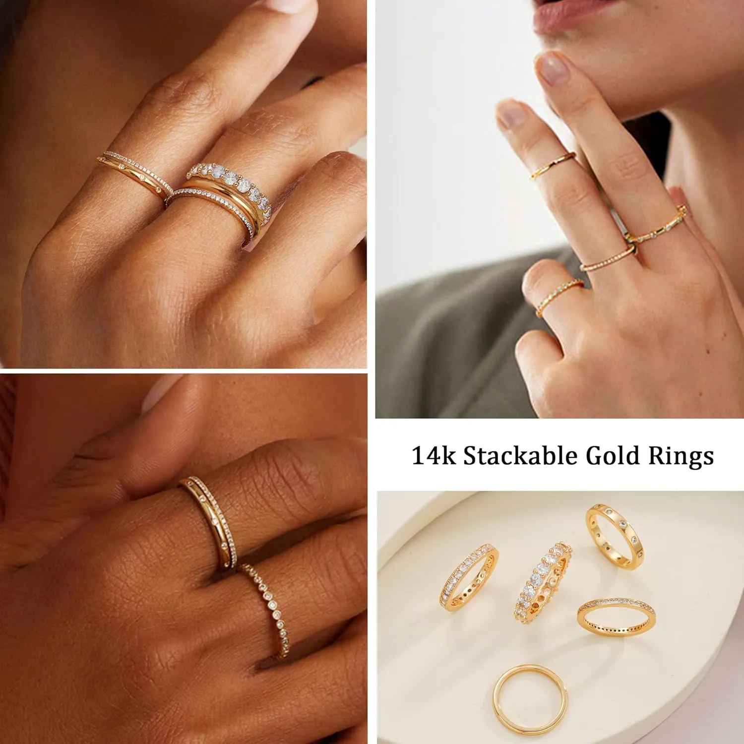 FAXHION Gold Rings for Women Non Tarnish, 14k Gold Plated Dainty Stacking Cubic Zirconia Thumb Rings, Gold Knuckle Women Rings Set Jewelry Size 5-10