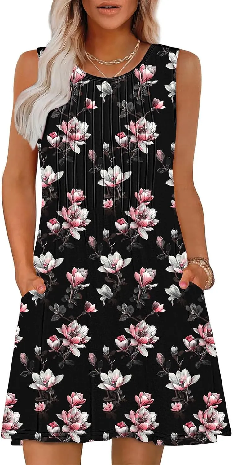Finelylove Boho Dresses for Women 2025 Sleeveless Mini Floral Dresses Summer Beach Vacation Sundress Casual Tank Dress 2025