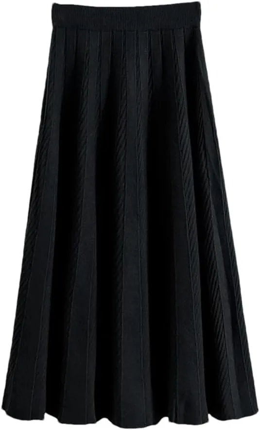 Fjnbbiot Women A Line Knitted Sweater Skirts Elastic High Waist Woman Midi Maxi Skirts Autumn Winter Female Pleated Skirts