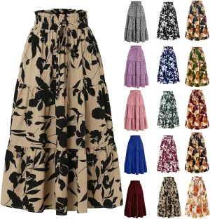 Floral Maxi Skirts for Women Ditsy Floral Tiered Flowy Long Skirt Boho Drawstring High Waisted Aline Ruffle Skirt