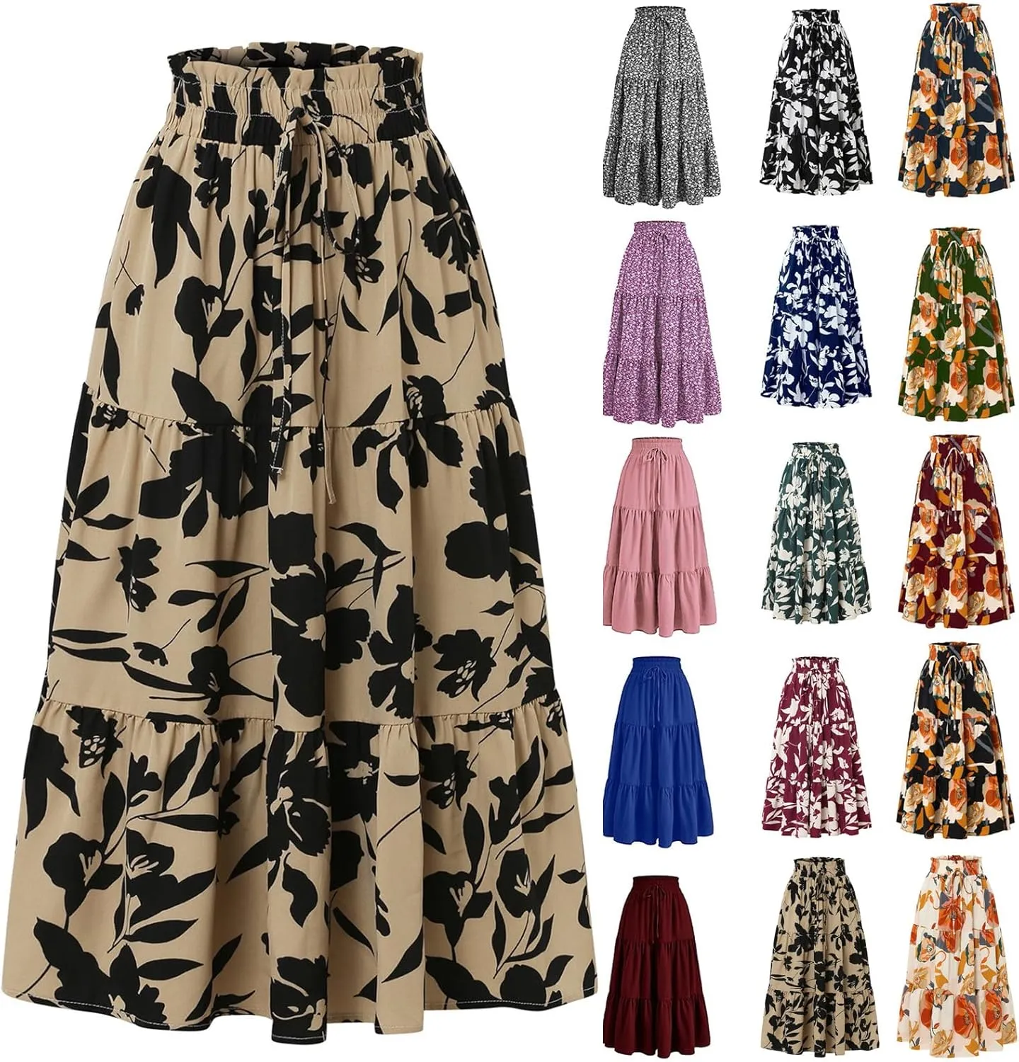 Floral Maxi Skirts for Women Ditsy Floral Tiered Flowy Long Skirt Boho Drawstring High Waisted Aline Ruffle Skirt