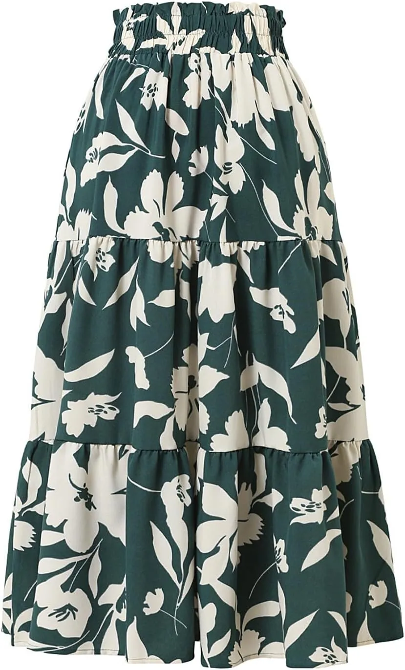 Floral Midi Skirts for Women Trendy Casual Pleated Tiered Maxi Skirt Elastic Waist Beach Boho A Line Flowy Skirt