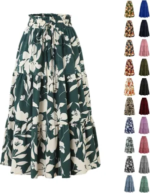 Floral Midi Skirts for Women Trendy Casual Pleated Tiered Maxi Skirt Elastic Waist Beach Boho A Line Flowy Skirt