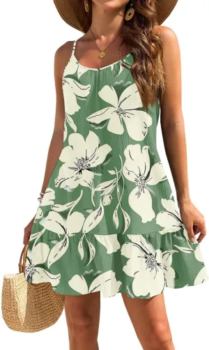 Floral Mini Summer Dresses for Women, Spaghetti Strap Cold Shoulder Ruffle Hem Swimsuits Beach Cover Up Sundress