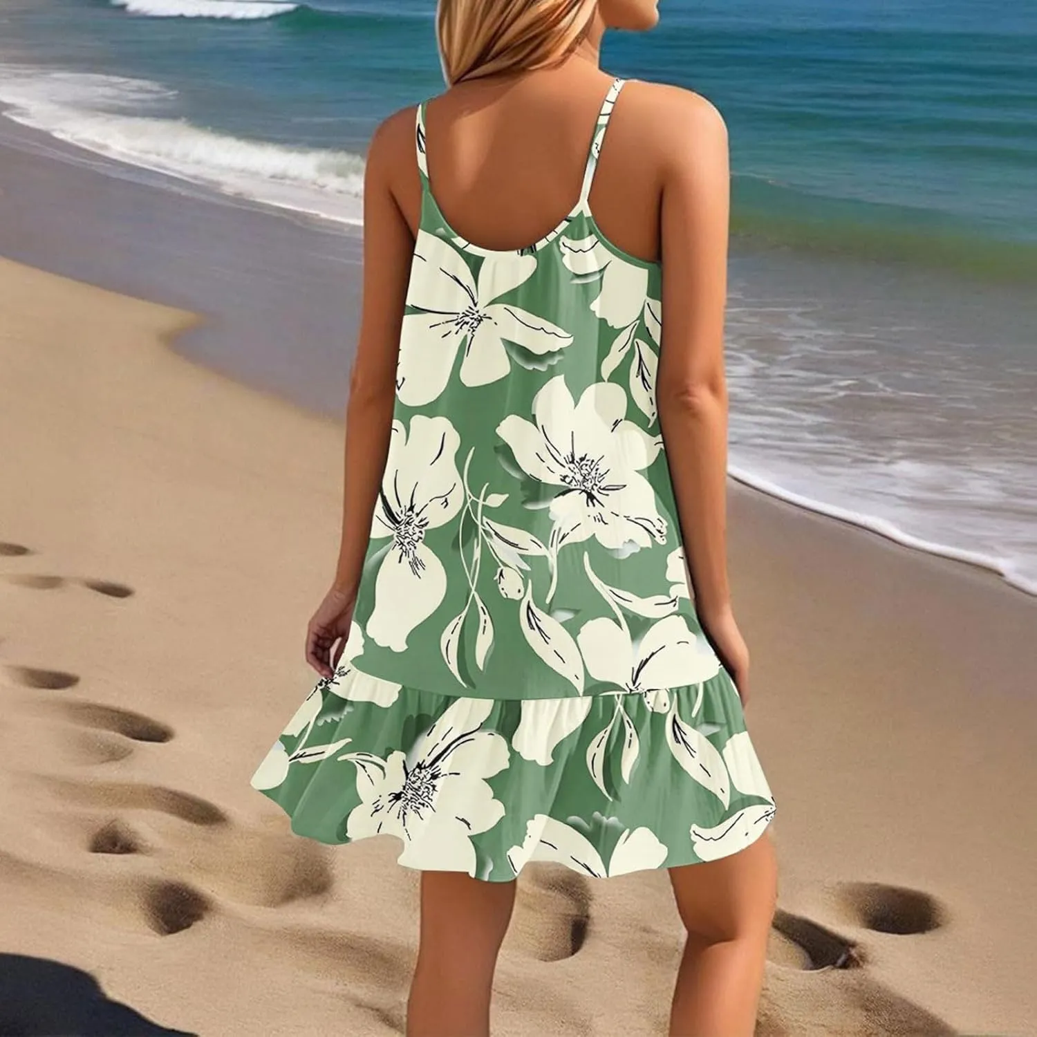 Floral Mini Summer Dresses for Women, Spaghetti Strap Cold Shoulder Ruffle Hem Swimsuits Beach Cover Up Sundress