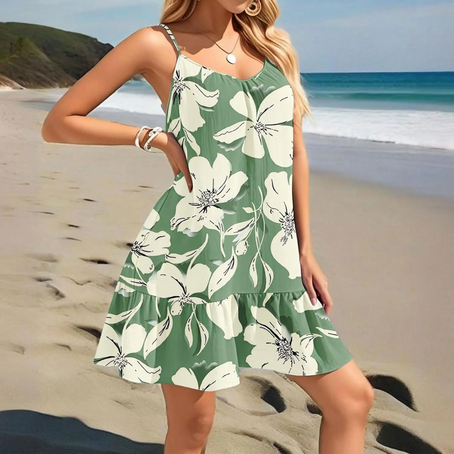 Floral Mini Summer Dresses for Women, Spaghetti Strap Cold Shoulder Ruffle Hem Swimsuits Beach Cover Up Sundress