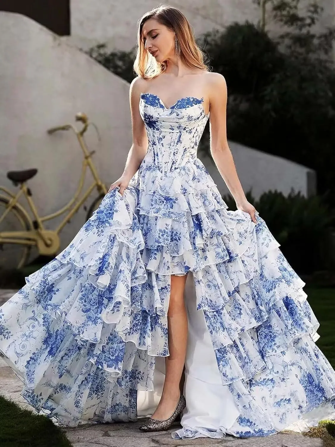 Floral Print Chiffon Prom Dresses for Women 2025 Corset Strapless Ball Gown Long A Line Formal Evening Gowns with Slit