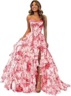 Floral Print Chiffon Prom Dresses for Women 2025 Corset Strapless Ball Gown Long A Line Formal Evening Gowns with Slit