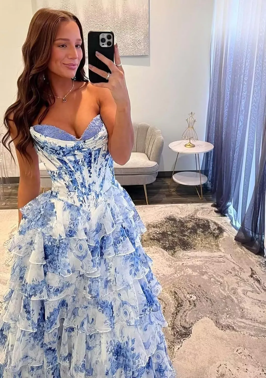 Floral Print Chiffon Prom Dresses for Women 2025 Corset Strapless Ball Gown Long A Line Formal Evening Gowns with Slit