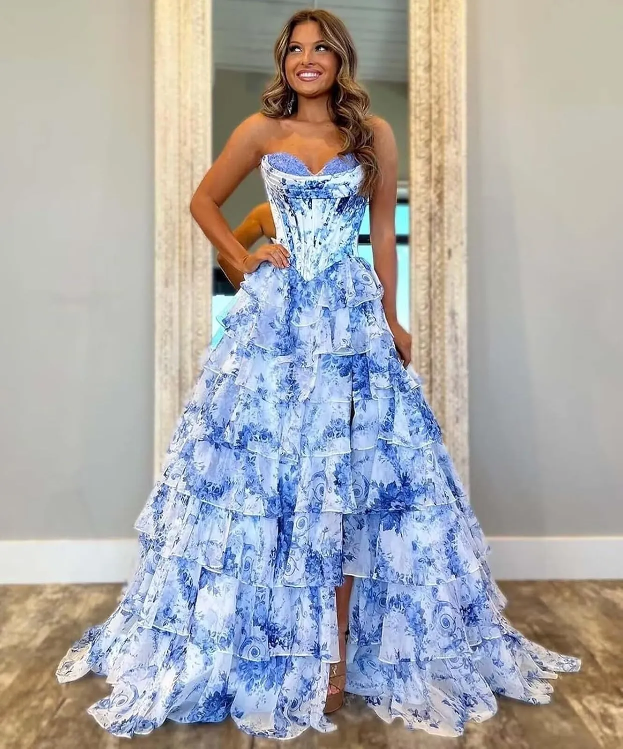 Floral Print Chiffon Prom Dresses for Women 2025 Corset Strapless Ball Gown Long A Line Formal Evening Gowns with Slit