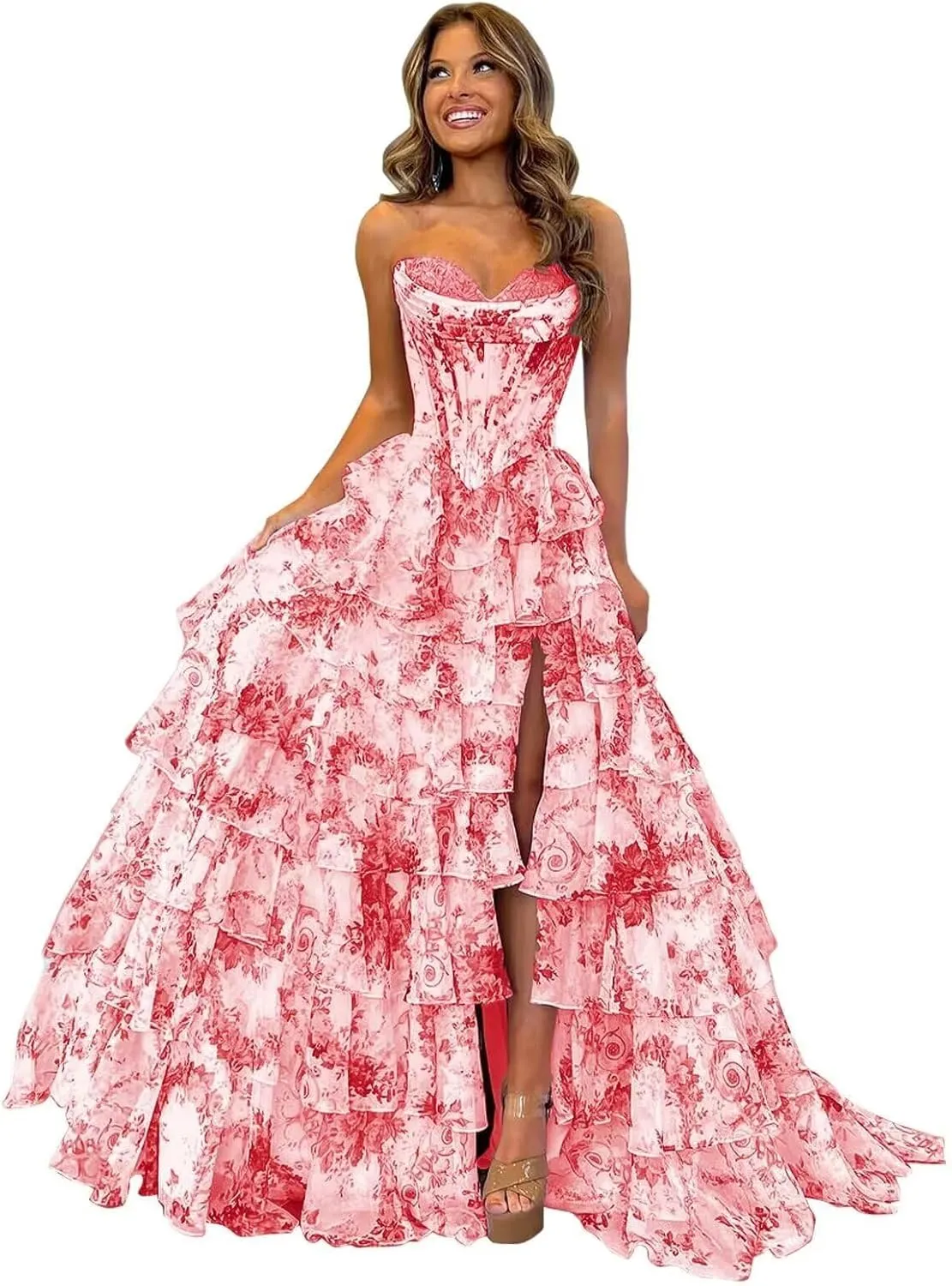 Floral Print Chiffon Prom Dresses for Women 2025 Corset Strapless Ball Gown Long A Line Formal Evening Gowns with Slit