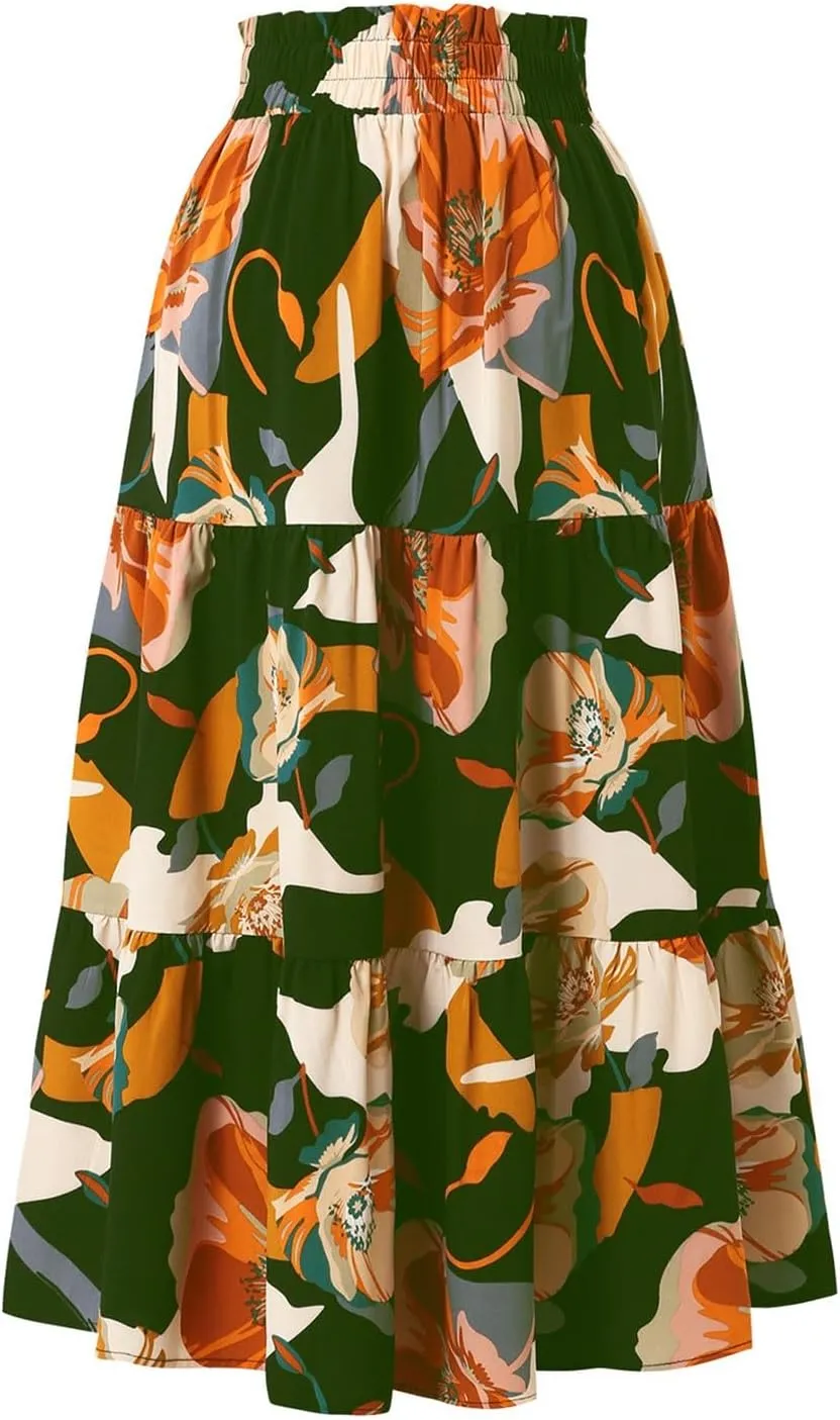 Floral Skirts for Women Midi Length Summer Beach Flowy Boho Maxi Skirt Elastic Waist A Line Tiered Pleated Midi Skirt
