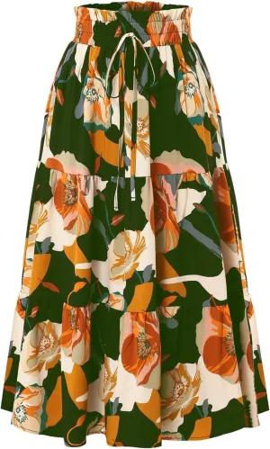 Floral Skirts for Women Midi Length Summer Beach Flowy Boho Maxi Skirt Elastic Waist A Line Tiered Pleated Midi Skirt