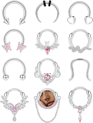 Florideco    Surgical Steel Small Septum Jewelry Septum Piercing Jewelry Cute Snake Butterfly Silver Septum Rings Hoop Nose Rings Daith Earrings 10MM