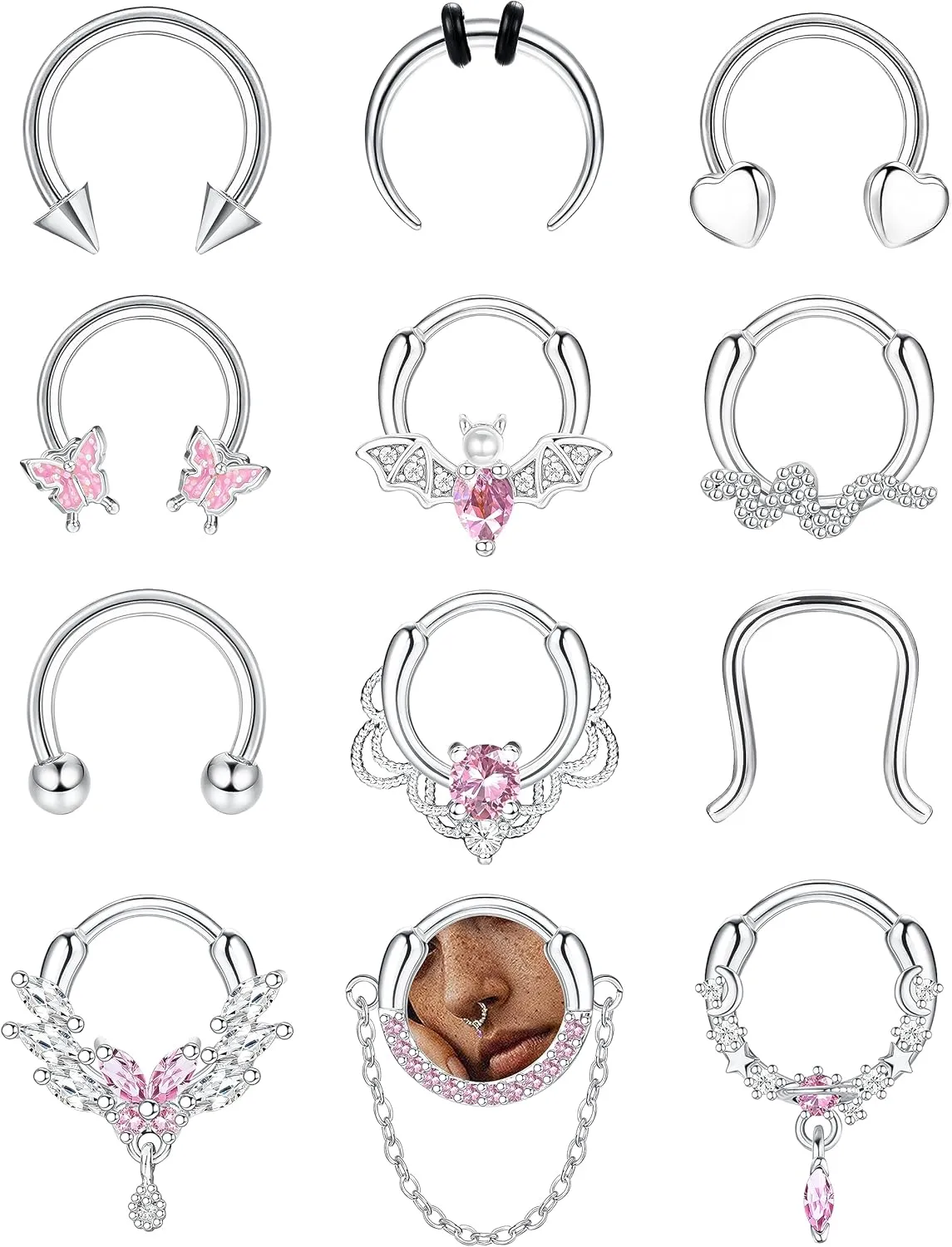 Florideco    Surgical Steel Small Septum Jewelry Septum Piercing Jewelry Cute Snake Butterfly Silver Septum Rings Hoop Nose Rings Daith Earrings 10MM